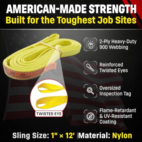 DD Sling 1 Inch x 12 Foot Nylon Lifting Sling – USA Made, 3,200 lb Vertical, 2,600 lb Choker, 6,400 lb Basket – 2-Ply Heavy Duty 900 Webbing, Type 4 Twisted Eye & Eye Rigging Sling, Safety Orange - size: 1" x 12'