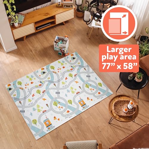 Nuby Reversible Baby Floor Mat | Infant Play Mat, Foldable and Lightweight Foam, 77" x 58", Easy Storage and Travel, Car Tracks/Alphabet - style: Car Tracks