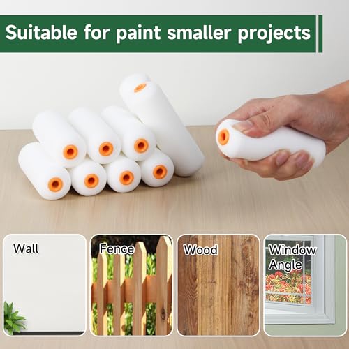 VOOMEY Mini Paint Roller,Small Paint Roller,4-Inch Foam Paint Roller with Foam-Covered Ends,10 Pack 4 Inch Small Paint Roller Covers,Roller Paint for Painting Walls,Cabinets,Corner,Cupboards,Doors - style: 4 inch 10 pack