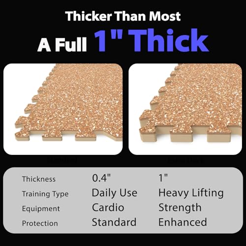 AIRHOP 1'' Ultra-Thick 24 Sq Ft Rubber Top Gym Flooring for Home Gym | 6 Tiles, High Density EVA Foam, Waterproof & Non-Slip Rubber, Interlocking Puzzle Mats, Heavy Duty Floor Protection, 24"x24" - color: Wood, size: 24 Sq Ft (6 Tiles)