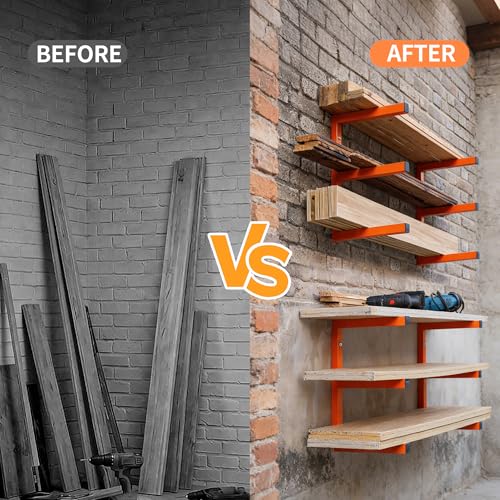 MOOMSINE Lumber Storage Rack Wall Mounted, 6-Level Holds Up 1200 Lbs Heavy Duty Wood Organizer, Metal Shelf for Shed, Workshop, Garage - 4pack, Orange - color: Orange - 4 Pack