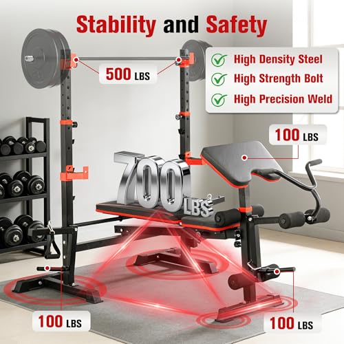 MAIDOMA Foldable 1500LBS 8 IN 1 Olympic Weight Bench Set with Squat Rack, Leg Extension/Curl & Preacher Curl, Adjustable Bench Press Set with Safety Bar Catches for Home Gym Full Body Workout