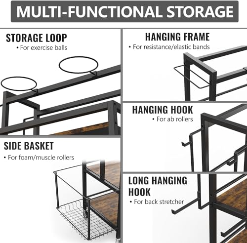 EasyCom Home Gym Storage, 4 Tier Large Capacity Rack for Dumbbells Kettlebells Foam Roller, Yoga Mat Strap and Resistance Bands, Exercise/Workout Equipment Storage Gym Organizer With Hooks and Wheels