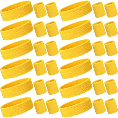 Bememo 36 Pcs Neon Sweatbands Set Soccer Party Favors Cotton Headbands Wristband Sweat Bands Soccer Mom Essentials for Football Fans Sporting Events 80 90s Glow Party - color: Yellow, size: Small