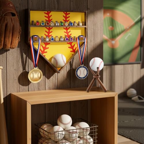 Wooden Championship Ring Display Case for 24 Rings with Medal Hooks | Wall Mounted Wood Ring Holder, Fits Most Ring Sizes, Includes Medal Hooks and Baseball Stand, For Sports Awards Room Decor