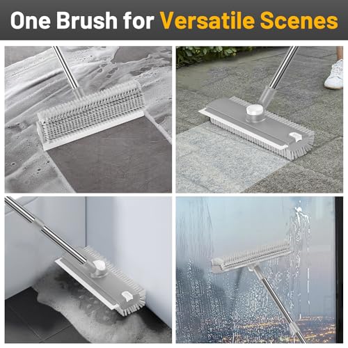 3 in 1 Floor Scrub Brush with Long Handle & Squeegee | Heavy-Duty, Adjustable, 360° Rotating Head for Cleaning Tile Bathroom Deck Kitchen Patio, Gray - color: Gray