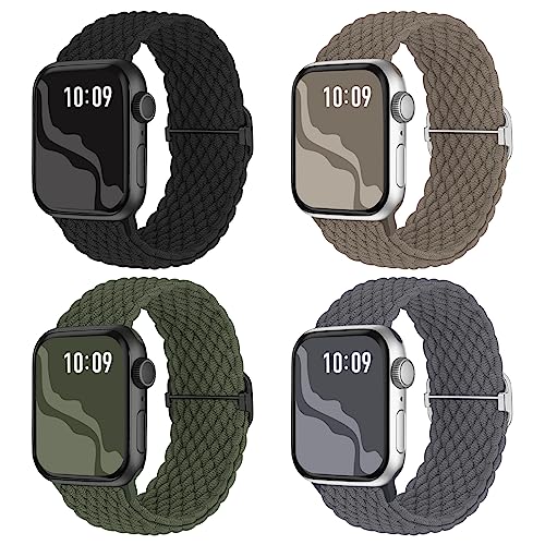 4 Pack Braided Stretchy Bands Compatible with Apple Watch 40mm 41mm 38mm 42mm 44mm 45mm 46mm 49mm Women Men, Breathable Nylon Elastic Daily Use Straps for iWatch Series 11/10 9 8 7 6 5 4 3 SE/Ultra 2 - color: Black/DarkGrey/Green/Stone, size: 38mm/40mm/41