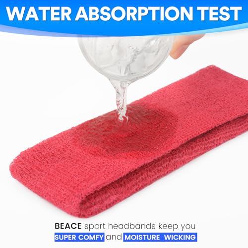 BEACE Sweatbands Sports Headband for Men & Women - Moisture Wicking Athletic Cotton Terry Cloth Sweatband for Tennis, Basketball, Running, Gym, Working Out - color: Red