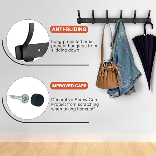 Coat Rack Wall Mounted,6 Coat Hooks for Hanging Coats,Metal Double Hook Rack Hook Rail,Coat Rack with Hooks,Wall Mount Coat Hanger for Hat Towel Purse Robes (2 Pack Black, 6 Hooks) - color: 2 Pack black