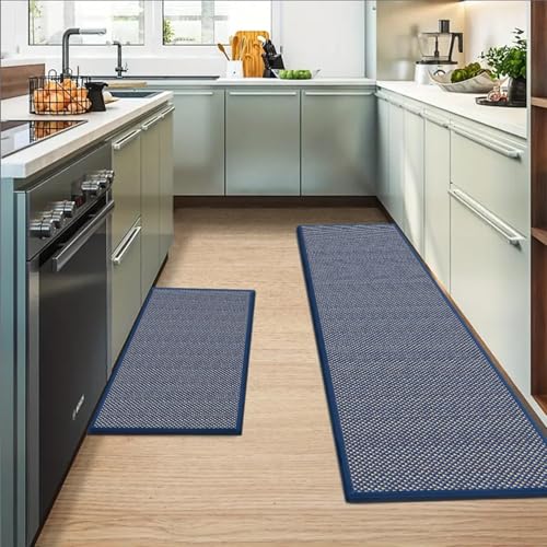 Artoid Mode Washable Non Slip Blue Kitchen Rugs and Mats Set of 2, Rubber Backing Absorbent Kitchen Mats for Floor Front of Sink - 17x29 and 17x47 Inch - color: Blue, size: 17" x 29" /17" x 47"