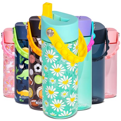 Elemental Water Bottles for Kids - Splash Kids Water Bottle for School with Pop-it Handle - BPA Free Tritan Plastic Water Bottle with Straw Leak Proof when Spout is Closed - Daisy Heart - 18oz - color: Daisy Heart Robin's Egg