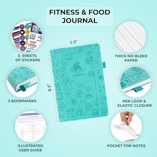 Clever Fox Fitness & Food Journal, Workout Planner, 5.8"x8.3" Turquoise | Lasts 3 months, undated hardcover exercise & weight loss journal for women, gym, diet, meal tracker, calorie counter book - color: Turquoise, size: A5 (5.8'' x 8.3'')