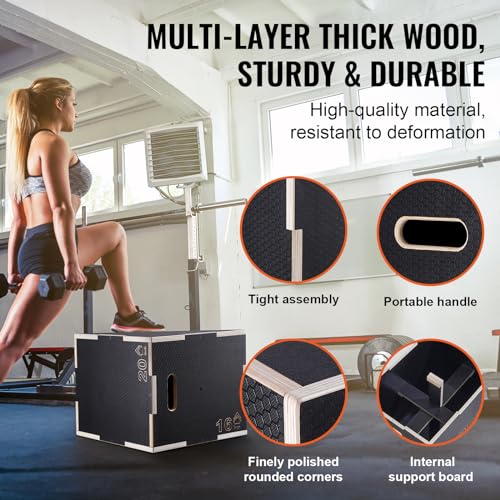 VEVOR 3 in 1 Plyometric Jump Box, Easy-to-Assemble Wood Plyo Box for Jumping Trainers, Home Gym Training and Conditioning - style: 20" x 18" x 16"