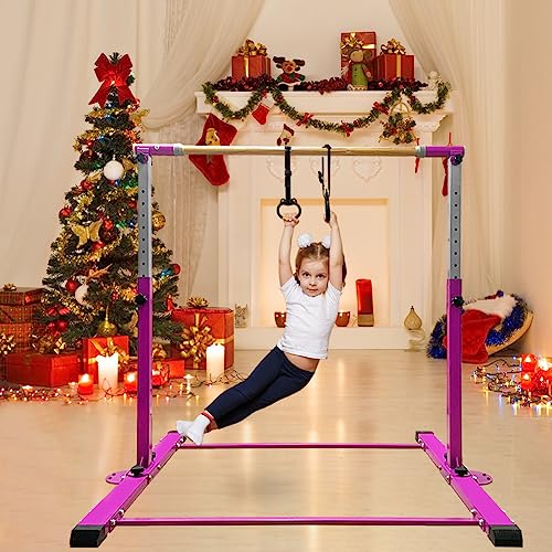 Gymnastics Bar for Kids Girls Ages 3-15 with Ring for Home Indoor Training Equipment- Steady Steel Construction, Anti-Slip, Easy to Assemble, 3' to 5' Adjustable Height - color: DARK PINK, size: 4.8FT, style: WITH RING