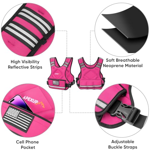 APEXUP Adjustable Weighted Vest, 4-10lb/12-18lb/20-32lb Vest with 6 Ironsand Weights and Large Pocket, Weight Vest for Men Women Strength Training, Running, Walking - color: Pink, size: 4-10lbs