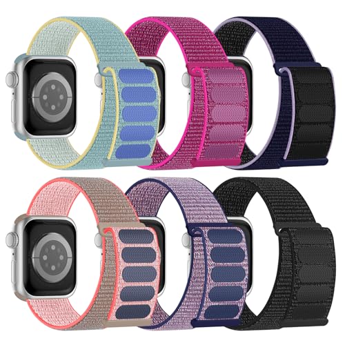 6 Pack Sport Nylon Loop Band Compatible with Apple Watch Band 38mm 40mm 41mm 42mm 44mm 45mm 46mm 49mm for Women Men, Adjustable Breathable Braided Straps for iWatch Series 11/10/9/8/7/6/5/4/3/SE/Ultra - color: Black/Dark Blue/Wistaria/Pitaya/Neon Pink/Mar