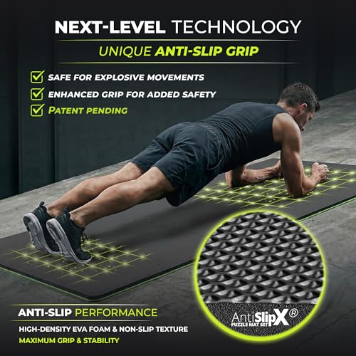bemaxx Gym Mats Set - 18 pcs EVA Interlocking Foam Floor Tiles (12.6"x12.6"x0.4") 18sqft Protective Gym Flooring Sports Home Workout Exercise Mats Puzzle Garage Fitness Play-Room Pool Treadmill Bike - color: Anthracite-grey | 2-side Antislipx, size: 18 Ti