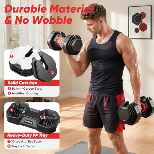 PIRIER Adjustable Dumbbell Set 25/50LB Dumbbells Weight, 10-in-1/18-in-1 Weight Dumbbell with Anti-Slip Metal Handle and Bicep Supports for Comprehensive Full Body Strength Training - color: Black-50LB(Pair)