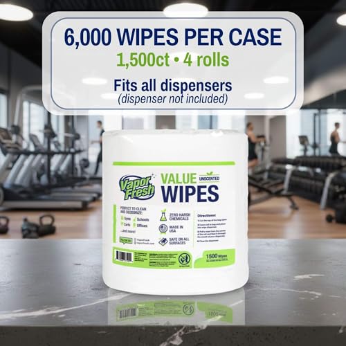 Vapor Fresh Value Wipes - 1,500 Count x 4 Rolls (6,000 Total Wipes) Plant Powered Commercial Grade Cleaner For Gym Equipment, Fitness Studios, Spas, Schools - Bulk Refill Rolls - Unscented