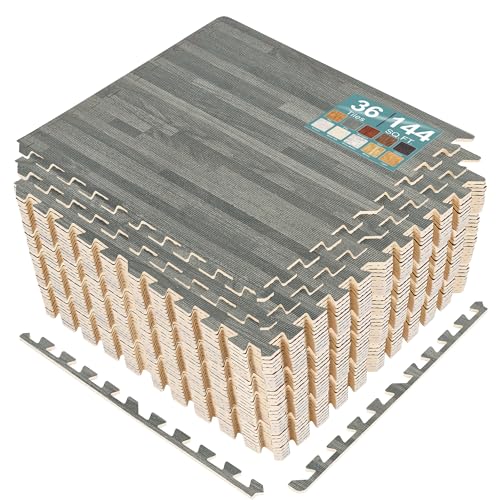Sorbus Wood Grain Floor Tiles Foam Mat EVA Interlocking Mats Tile 3/8-Inch Thick Flooring Wood Puzzle Exercise Mats w/Borders - Home Playroom Basement, Apartment, Trade Show, Baby, Dance - color: Grey, size: 36 Pack