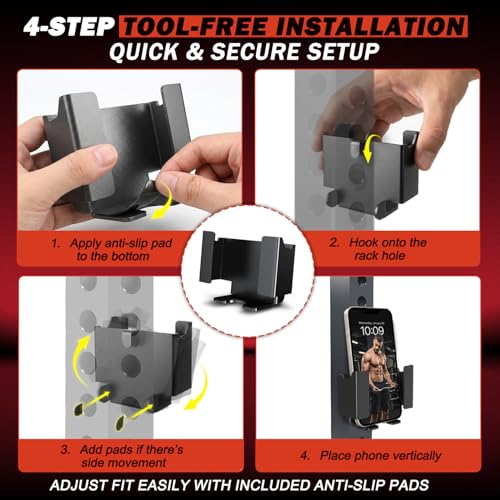 Power Rack Phone Mount, Hook-On Smartphone Holder for 2”×2”/3”×3” Squat Rack Upright, Tool-Free Installation, Vertical & Horizontal Viewing, Fits Phones up to 3.22” Wide - color: fit 3x3"power racks