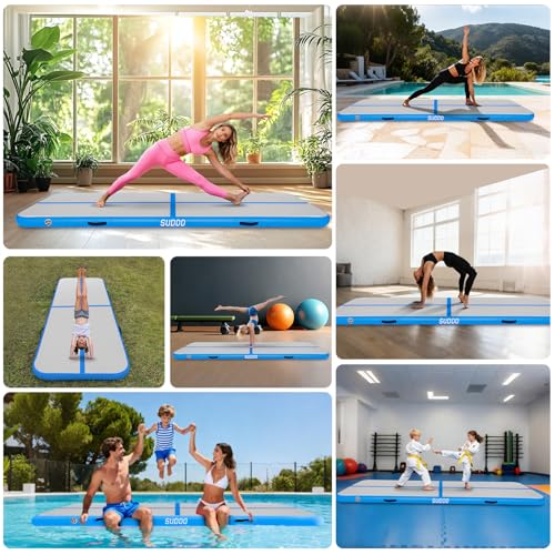 SUDOO Gymnastics Air Mat 10ft/13ft/16ft Inflatable Air Tumble Track Mat 4" Thick Tumbling Mat With Pump or No Pump for Training Tumble Yoga Cheerleading Parkour Beach Water Activities Home Use - color: Blue, size: 10ft*3.3ft*4in (3*1*0.1m)