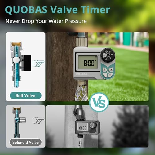 QUOBAS Low Pressure Water Timer, Weekly Sprinkler Timer for Garden Hose | Programmable Hose Timer with Brass Inlet & Outlet, Zero Pressure Water Timer for Rain Barrel, Rain Delay/Manual/Auto Modes - size: Weekly Program 1 Zone