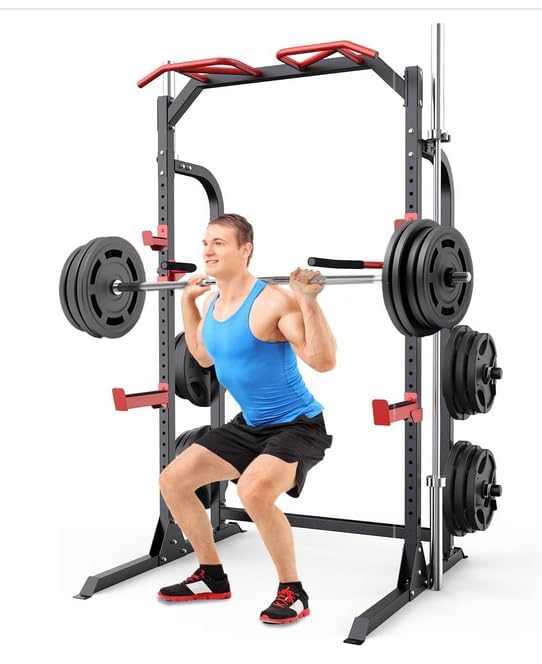 SunHome Power Cage Squat Rack, Power Rack with Pulley System, Adjustable Cable Crossover System, J-Hooks, Dip Handles, Weight Plate Storage - color: Half Power Cage
