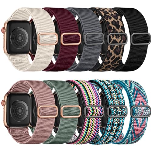 Maledan Stretchy Nylon Solo Loop Compatible with Apple Watch Bands 38/40/41/42mm for Women & Men, Adjustable Sport Elastic Wristband Strap for iWatch Ultra 2 Series SE/11/10/9 8/7/6/5/4/3/2/1, 10 Pack - color: Black/Cactus/Pink/Gray/Wine/Starlight/Boho Gr