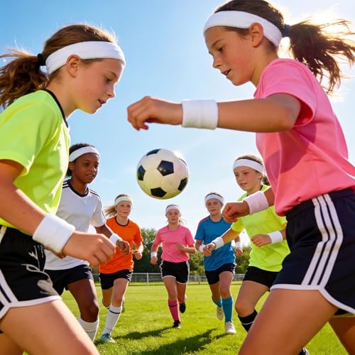 Bememo 36 Pcs Neon Sweatbands Set Soccer Party Favors Cotton Headbands Wristband Sweat Bands Soccer Mom Essentials for Football Fans Sporting Events 80 90s Glow Party - color: White, size: Small