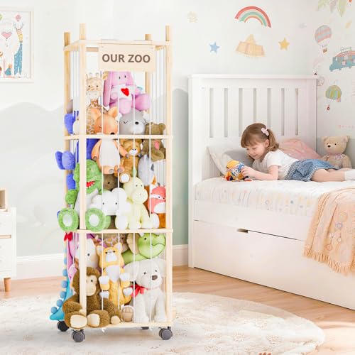 Dayacoco Stuffed Animal Storage with Brake Wheels, Wood Stuffy Animal Storage Zoo Holder Bin, Large Capacity Toy Organizer with Elastic Band and Net for Nursery Play Room Bedroom (Pine Wood 54in) - size: 3 Tiers with Wheels