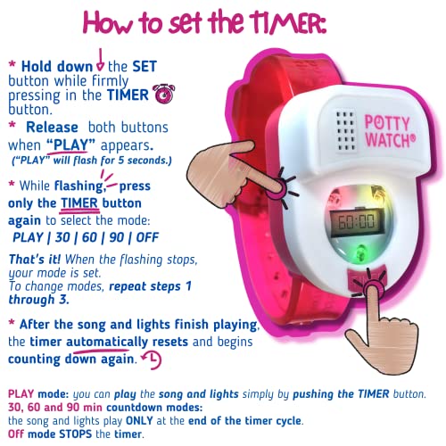 Potty Watch for Kids Potty Training - Potty Training Watch with Battery Replacement Kit - Potty Watch with 3 Fun Flashing Lights and Music - Potty Watch Remind Kids Every 30, 60 or 90 Minutes, Pink - color: Pink, size: Watch + Battery Replacement Kit