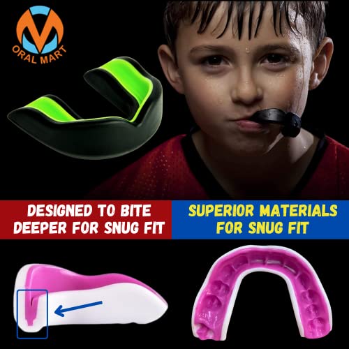 Oral Mart Youth Sports Mouth Guard for Kids (USA Flag, Fangs, 20+ Colors to Choose from) Mouthguard for Football, MMA, Karate, Boxing, Rugby, BJJ, Flag Football – /w Case (Youth, Strapless) - color: Black / Green