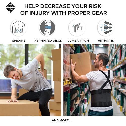 Back Brace for Men Lower Back Heavy Lifting with Suspenders, Back Support Belt for Work, Lower Back Brace with Lumbar Support for Back Pain Relief, Construction Warehouse Moving Belt, Size M - size: Medium