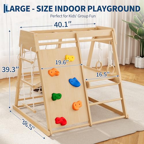 Garvee 6-in-1 Indoor Playground Jungle Gym Kids Climbing Toys, Wooden Climber Playset with Slide, Climbing Rock, Monkey Bars, Climb Net, Climbing Rock, Rings, Christmas Toys for Kids, Natural