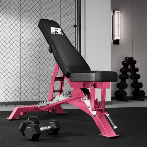 RITFIT Adjustable Weight Bench, Incline Decline Flat, 1300LB Capacity | Full Body Workout Bench for Home Gym Strength Training, 10 Backrest Positions, 3 Seat Angles, Heavy Duty Steel Frame - color: Pink