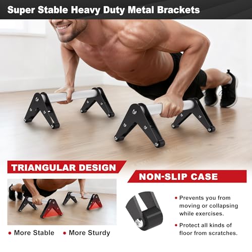 Aluminum Push Up Bars, 12.7 Inch, 500 lb Capacity, Black | Aluminum grips, stainless steel A-frame base, non-slip pads, 500 lb capacity, and extended 12.7 inch set of 2.