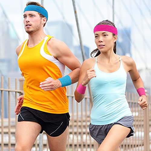 12 Pcs Sweatbands Set Neon Colors Headbands and Wristbands for Men Women Moisture Wicking Sweat Absorbing Workout Cotton Headbands 80s 90s Party - color: Rose Red, Fluorescent Yellow, Sky Blue, Light Yellow