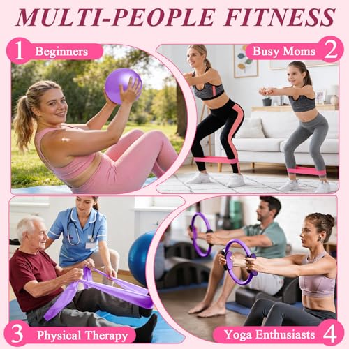 Pilates Ring and Small Ball Set for Women with 5 Resistance Bands, 14 inch Magic Circle Home Workout Essentials Starter Kit for Beginners, Yoga Sets for Full Body Toning Shape - color: Purple