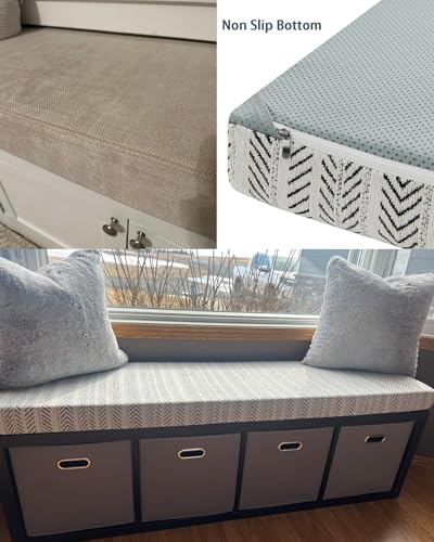 Custom Size Bench Cushion, Herringbone Customized Window Seat Dense Foam Seating Cushions Pad for Indoor Outdoor Patio Furniture, Mudroom, Banquette Breakfast Nook, Non Slip Bottom, Piping, Waterproof