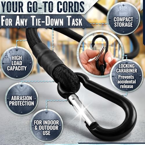 Bungee Cords with Carabiner Hooks Heavy Duty, 18", 200 Lbs Load, 4 Pcs | Elastic Tie Down Straps, Rubber & Latex, Anti-Rust Steel Hooks, 2X Stretch, Waterproof, UV Resistant; Camping, Tarps & Car - size: 18 Inch (Pack of 4)