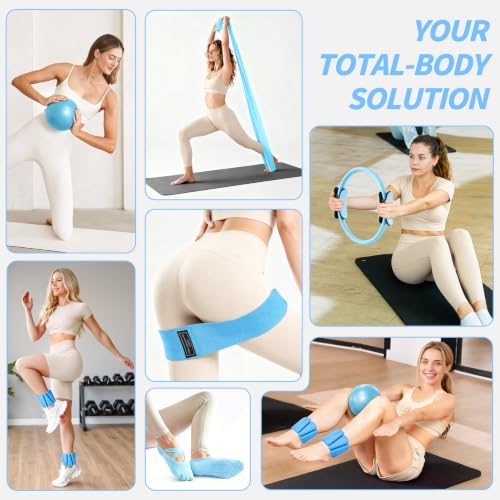 NANATI Pilates Kit, Home Pilates Workout Kit for Women, Pilates Equipment with 14.5" Pilates Ring and Ball, Resistance Bands, Ankle Weights, Sliders & Grip Socks for Home Workouts - color: Blue