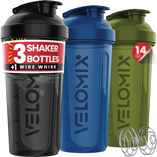 VELOMIX 3 Pack 14 oz Protein Shaker Bottle for Mixes - 1 Wire Whisk Ball | Stackable Leak Proof Cups | Dishwasher Safe, BPA-Free - color: Green,Black,Blue