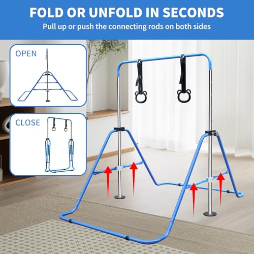 Gymnastics Bars for Kids with Rings, Junior Kip Training Bars Equipment for Home, Folding Height Adjustable Horizontal Bars - color: Blue