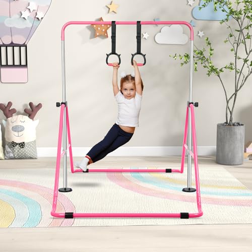 Expandable Gymnastics Bars with Ring, Adjustable Height Gymnastic Horizontal Bars, Gym Junior Training Bar Children Folding Training Monkey Bars for Kids - color: Pink