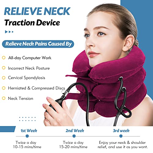 Jaximy Neck Stretcher, Cervical Traction Device, Neck Traction Device, Neck Pain Relief, Adjustable Inflatable Neck Brace & Neck Stretcher, Neck Decompression Home Use (Red) - color: Red
