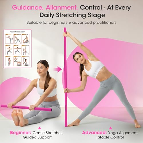 Yoga Stick, Upgraded 5ft Sturdy Steel Mobility Stick, Adjustable Exercise Equipment for Stretching, Flexibility & Balance, Physical Therapy & Posture Correction, Shoulder & Back Relaxation - color: 3-Pink