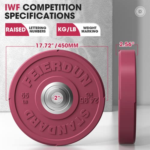 FEIERDUN Color Bumper Plate Set, 2-Inch Olympic Weight Plates, Low Bounce Rubber Barbell Plates with Stainless Steel Insert for Weightlifting, Strength Training, CrossFit & Home Gym, 10LB-370LB - style: F) 55LBS Single
