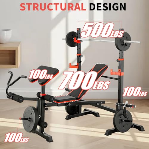 MAIDOMA 1500LBS Foldable 8 IN 1 Weight Bench Set, Adjustable Flat Incline Decline Bench Press with Upgraded Wide Squat Rack and Leg Extension for Full Body Home Gym Workout (US Stock) - color: coral red