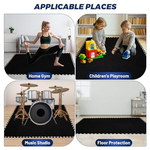 Focusound 20Pcs Sound Absorbing Interlocking Drum Rug, 11.8 x 11.8 x 0.4 inches High Density Soundproof Floor Mats, Non-Slip Anti Vibration Piano Carpet Drum Mat for Music Studio, Black - color: Black